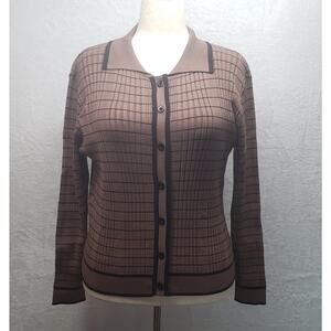Brown Striped Collared Cardigan XL Ribbed Knit Academia Layering